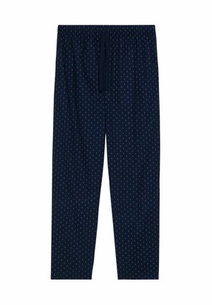 Marineblauwe pyjamabroek met kleine lichtblauwe herhalende patronen, elastische tailleband en een voorste trekkoord.