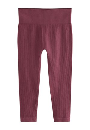 Prążkowane legginsy w ciemnym kolorze mauve dla małych dzieci z szerokim elastycznym pasem i nogawkami do kostek.