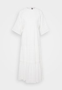 Rochie albă, de lungime până la glezne, realizată dintr-un materialTexturat. Are mâneci scurte și largi și detalii de cusătură orizontală pe tot parcursul.
