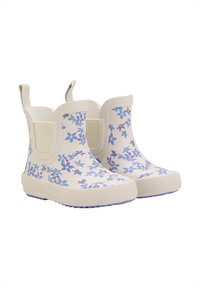 Bottes de pluie fleuries avec une base blanche, ornées de fleurs bleues, côtés texturés et semelles violettes. Hauteur cheville avec des poignées pour un enfilage facile.