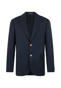 Dunkelblaues Blazer aus glattem Stoff, mit einreihigem Design, Reverskragen, zwei Fronttaschen und goldfarbenen Knöpfen.