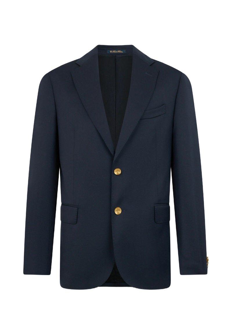 Dunkelblaues Blazer aus glattem Stoff, mit einreihigem Design, Reverskragen, zwei Fronttaschen und goldfarbenen Knöpfen.