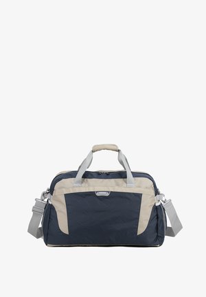 Borsa da viaggio blu navy e beige con manici doppi, tracolla regolabile, tasca frontale con cerniera e chiusura centrale con zip.