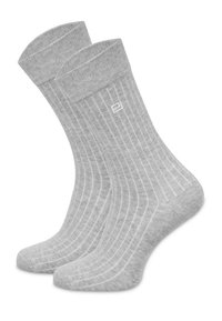 Szare bawełniane skarpetki z pionowym wzorem prążkowanym, miękką teksturą i akcentem logo na górnej części.
