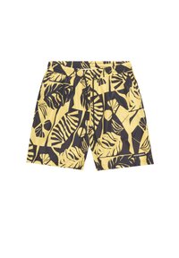 Bañador amarillo con patrones de hojas negras, cintura elástica con cordón ajustable y bolsillos laterales. Hecho de una tela ligera.