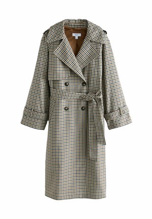 Trench-coat à carreaux à double boutonnage avec larges revers, détails de boutons et ceinture assortie nouée à la taille, manches longues avec brides aux poignets.