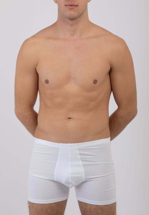 Uomo senza maglietta che indossa boxer bianchi, in piedi con le mani dietro la schiena contro uno sfondo chiaro e semplice.