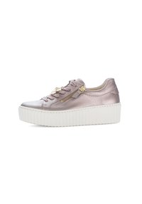 Metallic mauve platform sneaker with thick white ridged sole, lace-up front, decorative gold zipper, and ornamental charm on laces.