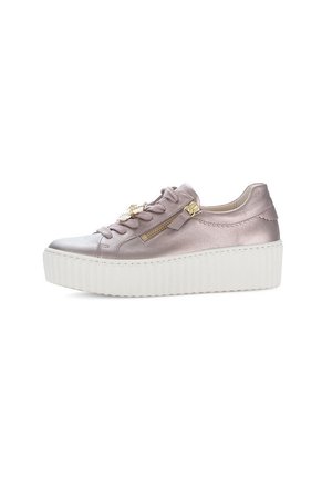 Metallic mauve platform sneaker with thick white ridged sole, lace-up front, decorative gold zipper, and ornamental charm on laces.