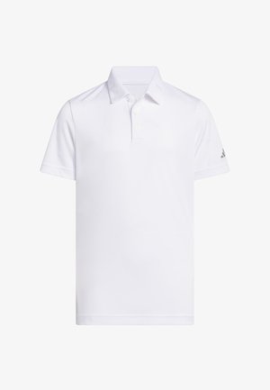 Camiseta polo blanca de manga corta con cuello y tres botones en la parte delantera, logo de Adidas en la manga izquierda.