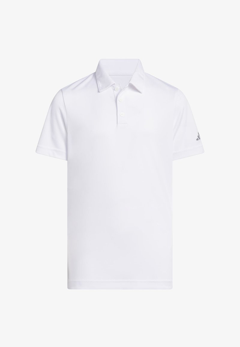 Polo blanc à manches courtes avec col et trois boutons sur le devant, logo Adidas sur la manche gauche.