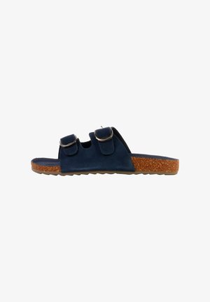 Navyblauwe slippers met kurken zool en twee verstelbare gespslips bovenop, vlakke rubberen buitenzool, zijaanzicht.