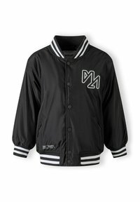 Blouson bomber noir en tissu lisse, avec des poignets et un col rayés blancs. Comprend un logo brodé sur la poitrine et des fermetures à pression.