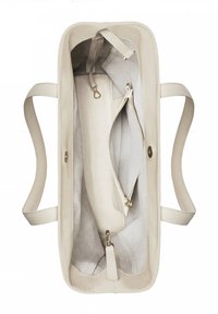 Cremfarbige Lederhandtasche mit strukturiertem Äußeren, offener Oberseite und zwei Griffen. Enthält eine innere Reißverschlusstasche und eine Suede-Auskleidung.