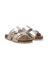 Silver metallic sandal with two wide straps, adjustable buckle, and a cork sole. Features a flat design and smooth texture.