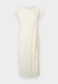 Robe midi en dentelle, couleur ivoire, avec un col rond, des manches courtes et volantées, une ceinture nouée à la taille et des motifs géométriques intriqués.