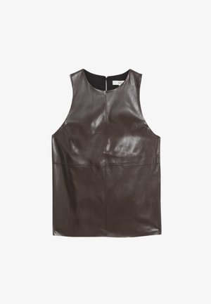 Braunes, ärmelloses Oberteil aus Leder mit hohem Kragen, glatter Textur und Reißverschluss auf der Rückseite; minimales Design ohne zusätzliche Verzierungen.