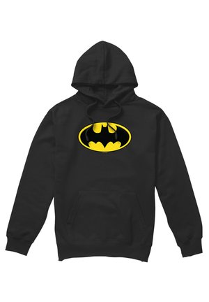 Schwarzer Kapuzenpullover mit Fronttasche und großem gelb-schwarzem Batman-Logo auf der Brust.