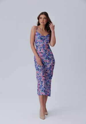 Floral midi dress with a purple, pink, and blue rose pattern, a scooped neckline, and thin straps; smooth fabric, fitted silhouette, and knee-length.