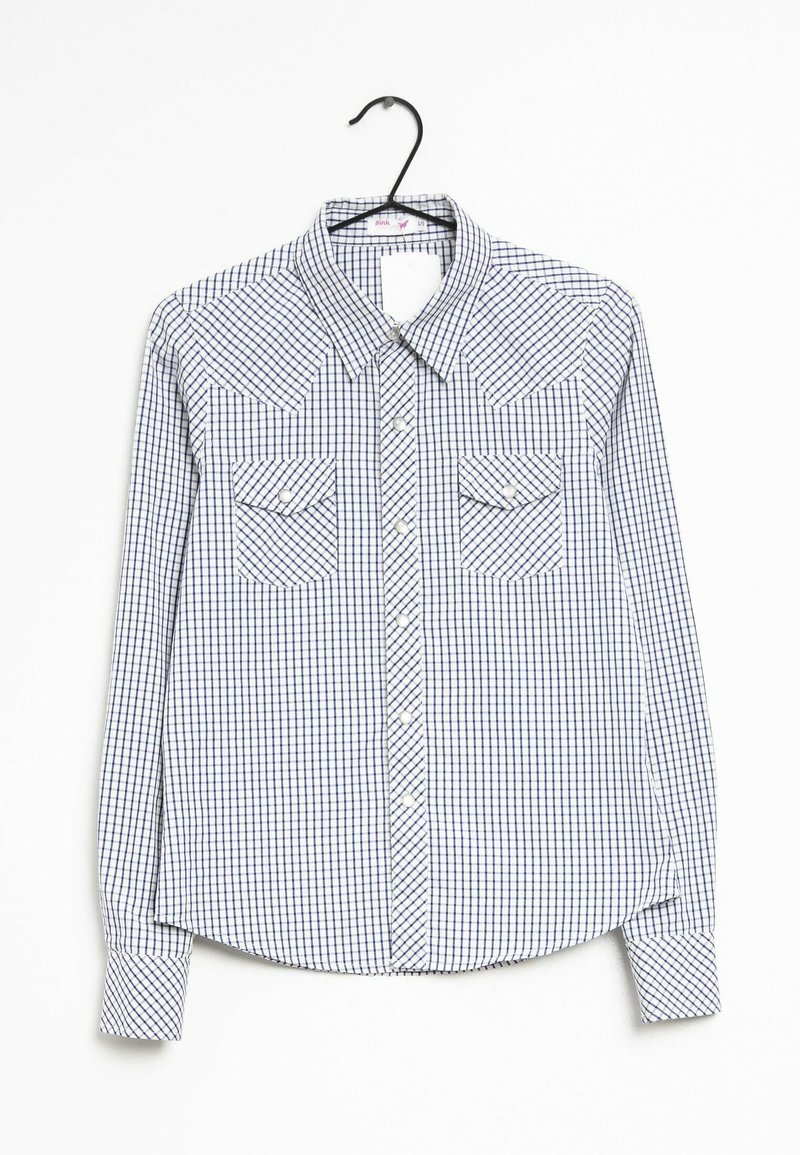 Skjorta med knappar i ett blått och vitt rutmönster, lång ärm, spetsig krage och två bröstfickor. Tillverkad av lätt tyg.