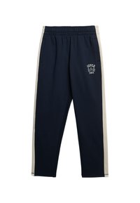 Marineblauwe sweatpants met beige zijkanten, elastische tailleband en voorzakken. Bevat een 'Superdry' logo gedrukt op de dij.