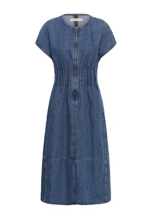 Blaues Denim-Midikleid mit kurzen Ärmeln, Frontreißverschluss und vertikalen Nähten, die die Taille betonen.