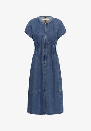Robe midi en jean bleu avec manches courtes, fermeture éclair avant et coutures verticales mettant en valeur la taille.