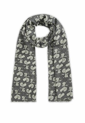 Grauer Schal mit einem wiederholten Muster von Cartoon-Charakteren in hellen Tönen, aus weichem Stoff mit ausgefransten Kanten.