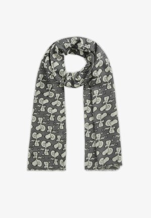 Grauer Schal mit einem wiederholten Muster von Cartoon-Charakteren in hellen Tönen, aus weichem Stoff mit ausgefransten Kanten.