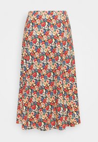 Gonna midi floreale con un fondo blu navy e fiori rossi, rosa e verdi. Design svasato realizzata in un tessuto morbido e leggero.