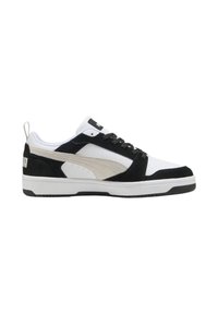 Sneaker nero, bianco e beige realizzato in pelle e camoscio, con punta perforata per la traspirabilità e suola piatta in gomma.