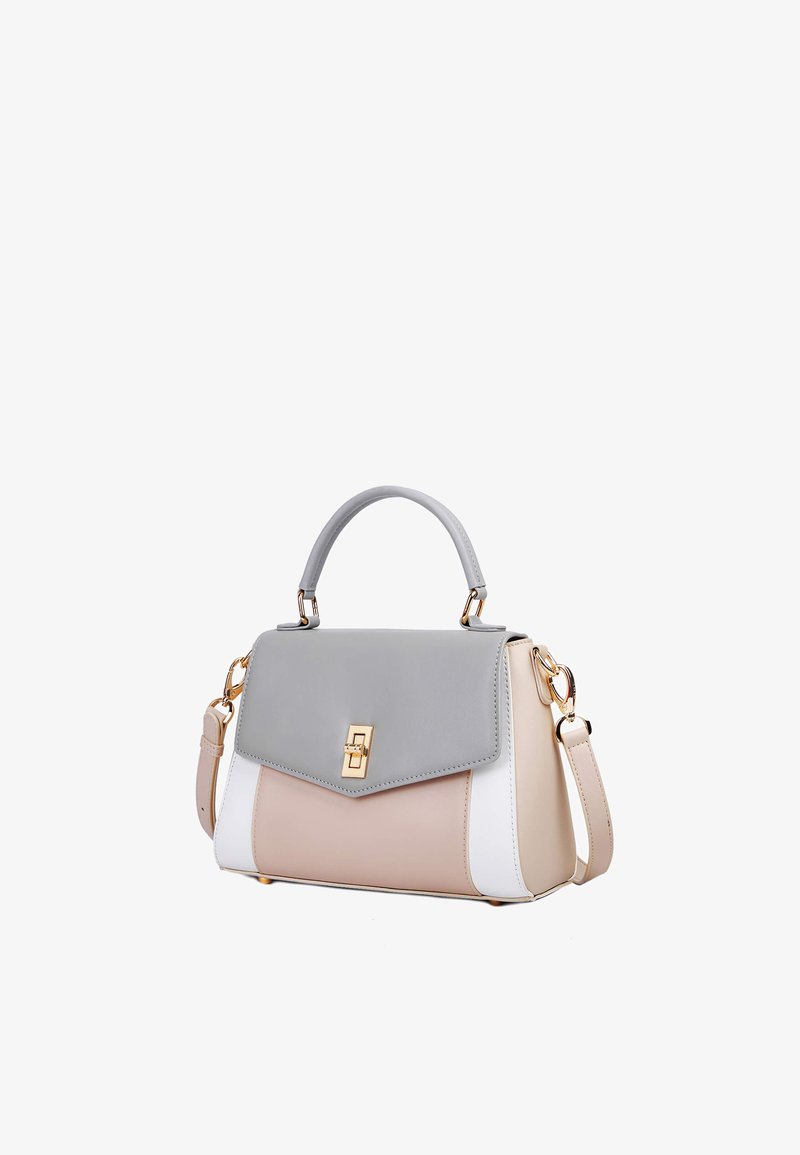 Small handbag with gray flap, beige and white panels, gold clasp, top handle, and detachable shoulder strap against a white background.