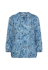 Blaue Bluse mit einer Mischung aus kreisförmigen Mustern in verschiedenen Blautönen. Sie hat einen runden Ausschnitt und dreiviertellange Ärmel.