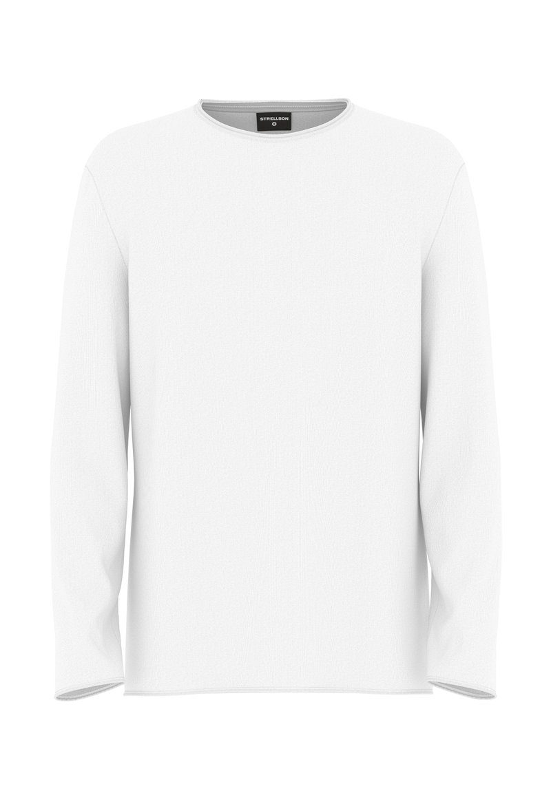 Weißes Langarmshirt aus weichem Stoff, mit Rundhalsausschnitt und geradem Schnitt, versehen mit kontrastierenden Nähten entlang dem Saum.