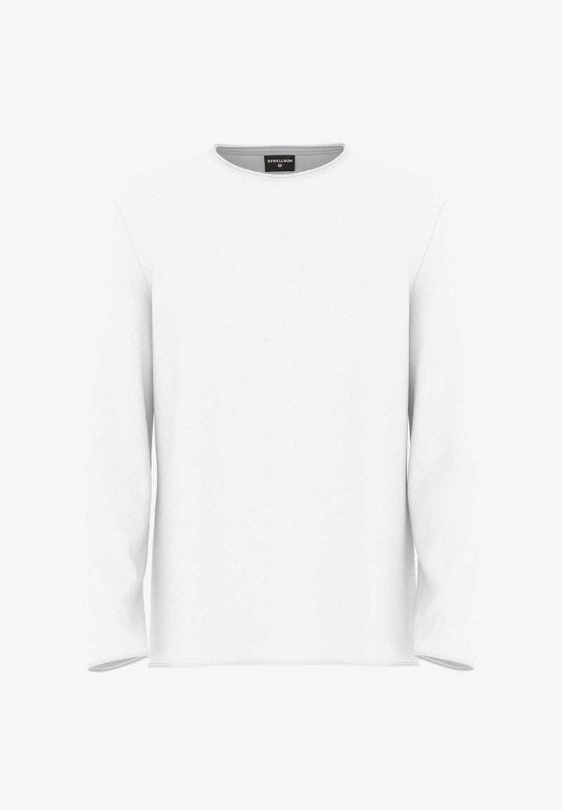 Weißes Langarmshirt aus weichem Stoff, mit Rundhalsausschnitt und geradem Schnitt, versehen mit kontrastierenden Nähten entlang dem Saum.