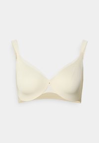 Hellcremefarbener BH mit glatten Cups, verstellbaren Trägern und Bügel, entwickelt für täglichen Halt und Komfort.