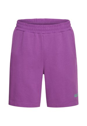 Paars sportbroekje gemaakt van een katoenmix, met een elastische tailleband en een klein groen logo op de zoom.