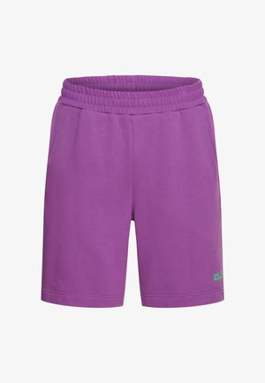 Lila sportliche Shorts aus Baumwollmischgewebe, mit einem elastischen Bund und einem kleinen grünen Logo am Saum.