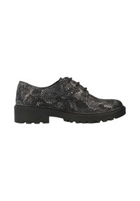 Scarpe oxford nere con texture, caratterizzate da un motivo in pelle di rettile, punta tonda e una suola nera spessa con un design battistrada.