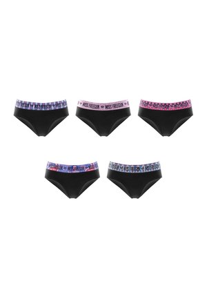 Cinq culottes de bikini pour femmes noires avec des ceintures colorées à motifs dans des nuances de bleu, rose et violet, étiquetées "Miss Freegun".