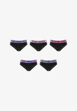 Cinq culottes de bikini pour femmes noires avec des ceintures colorées à motifs dans des nuances de bleu, rose et violet, étiquetées "Miss Freegun".