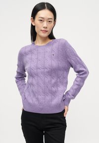 Donna con capelli neri lisci che indossa un maglione a trecce lavanda e pantaloni neri, con le mani in tasca, su uno sfondo neutro.