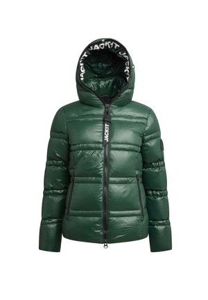 Groene gewatteerde jas met een ritssluiting aan de voorkant, capuchon en zwarte ritszakken. Heeft een glanzende textuur en een merkafwerking aan de binnenkant.