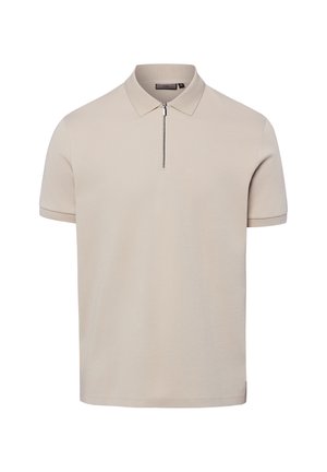 Beiges Polohemd mit kurzen Ärmeln, einem Kragen und einem kurzen Reißverschluss vorne, dargestellt vor einem schlichten weißen Hintergrund.
