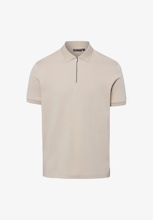 Beige poloshirt met korte mouwen, een kraag en een korte ritssluiting aan de voorkant, weergegeven op een effen witte achtergrond.
