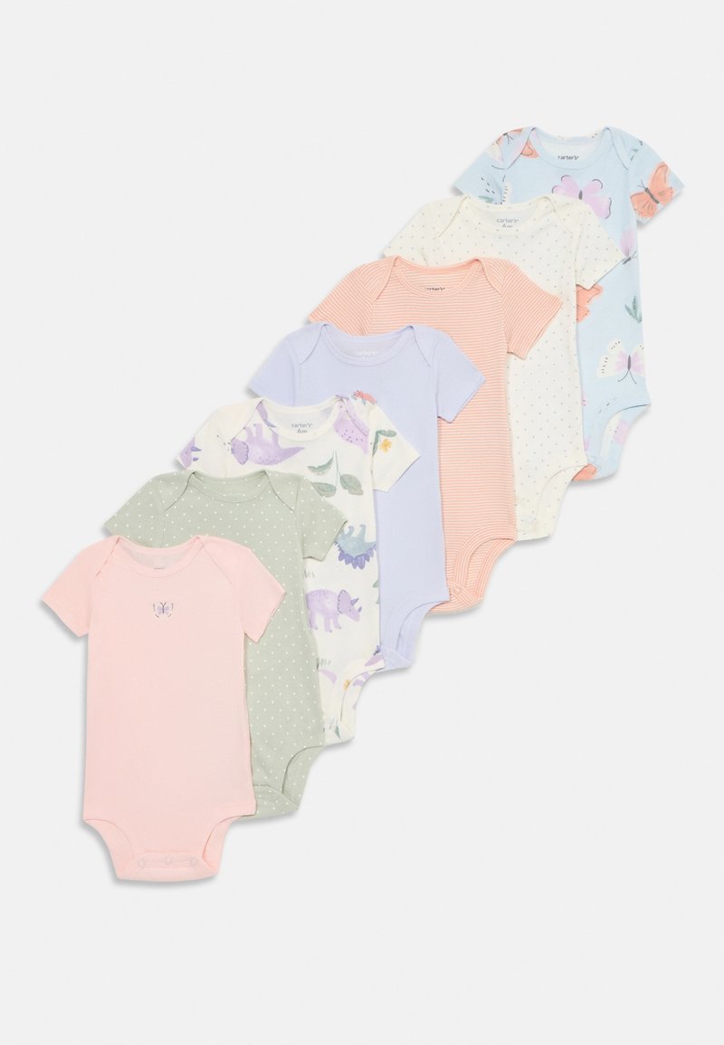 Asto bodysuitu komplekts, kas sastāv no astoņām bērnu bodysuitām, izgatavots no mīkstas kokvilnas, dažādās pasteļkrāsās, ar īsām piedurknēm, jautriem rakstiem un dažādiem apkakles dizainiem.