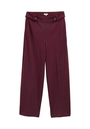 Pantalons larges bordeaux avec une taille haute, présentant des accents de double bouton et un tissu lisse et texturé. Conçus pour le confort.