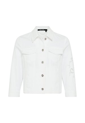 Weiß gekürzte Jacke mit langen Ärmeln, silbernen Knöpfen entlang der Vorderseite, zwei Brustklappentaschen und dezentem floralen Ausschnittdetail am rechten Ärmel.
