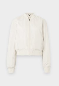 Veste bomber raccourcie crème, dotée d'un col montant, d'une fermeture éclair avant et de poignets élastiques. Tissu lisse et brillant avec un design minimaliste.