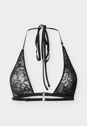 Μαύρο δαντελένιο τριγωνικό μπραλέτα με δέσιμο στον λαιμό και ρυθμιζόμενες πίσω τιράντες σε απλό ανοιχτό φόντο.